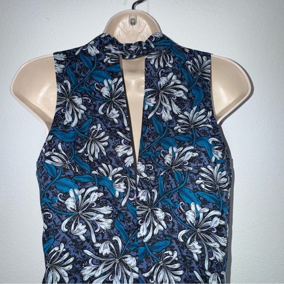Rebecca Taylor Floral Mini Dress 4 Mystic Blue Mock Neck Sleeveless Ruffle Hem - Picture 7 of 12